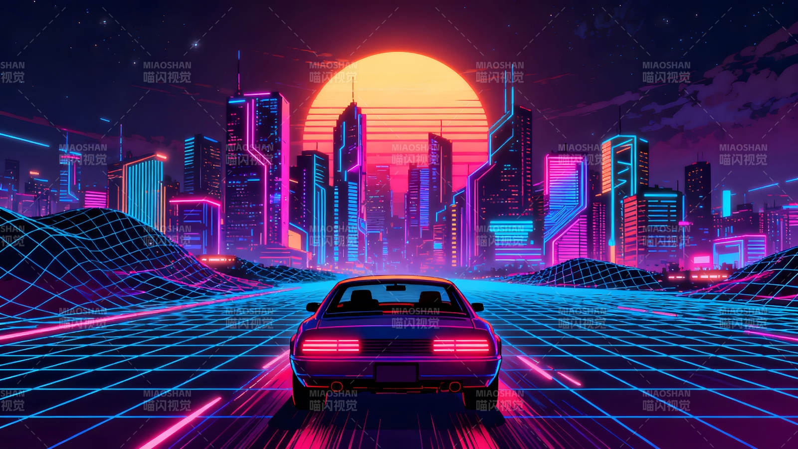 赛博朋克城市夜景与复古跑车图片