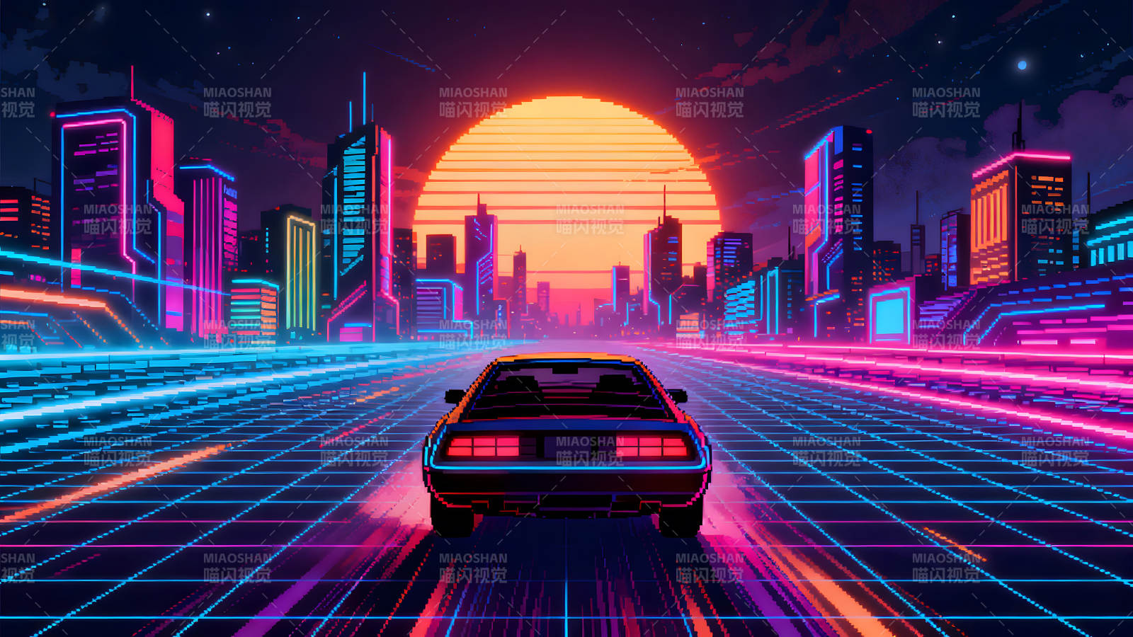 赛博朋克风格汽车行驶于城市道路图片