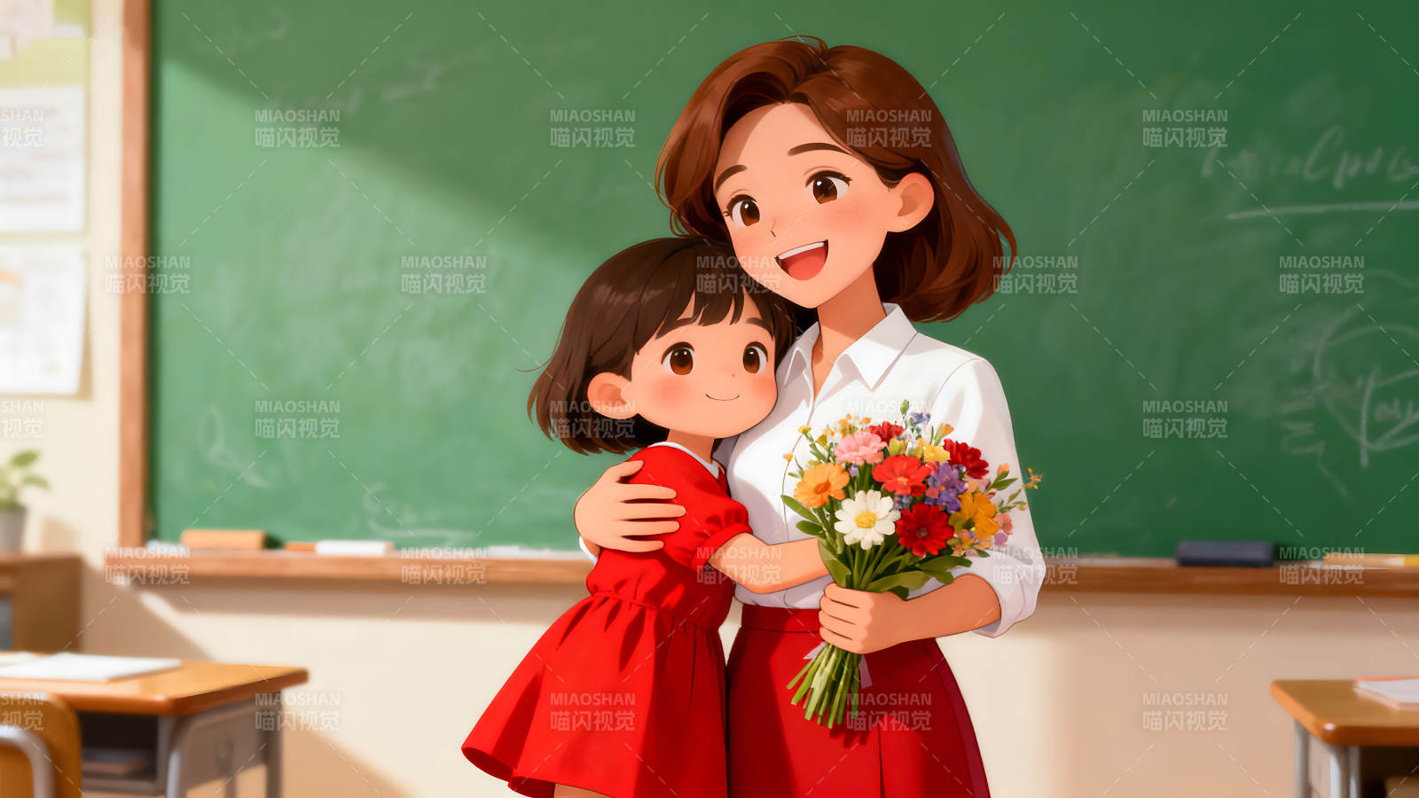 老师和学生拥抱在一起的场景图片