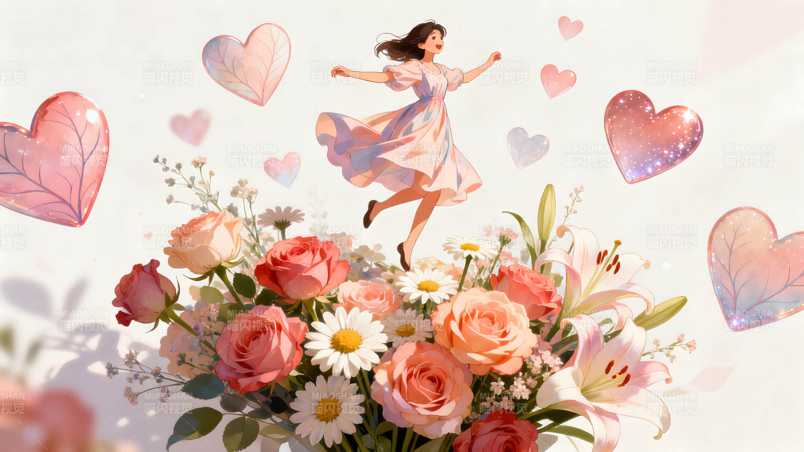 少女与鲜花和爱心构成的浪漫温馨画面图片