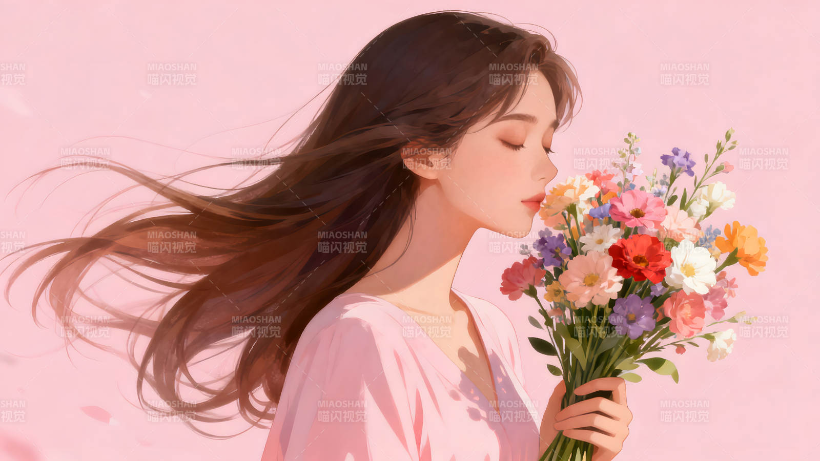 女子闻花香姿态优美图片