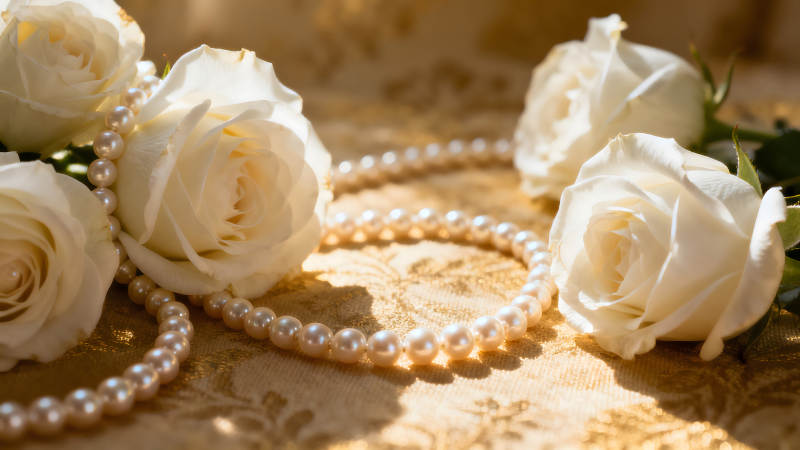 珍珠项链配白玫瑰美丽浪漫的场景图片