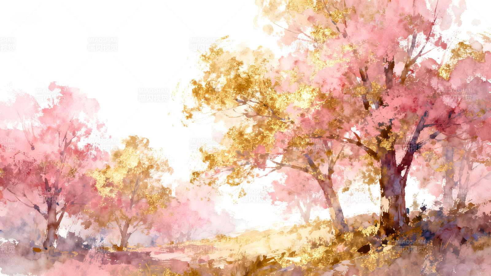 粉色树林水彩画金色点缀梦幻唯美图片