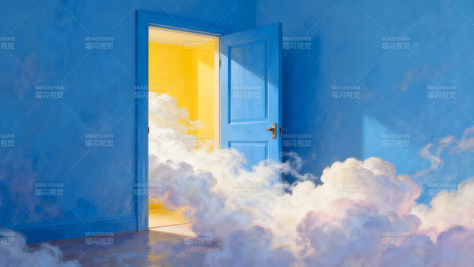 蓝色房间里打开的门充满云彩图片