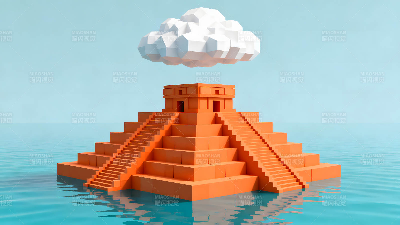 橙色金字塔漂浮海面云朵悬浮图片