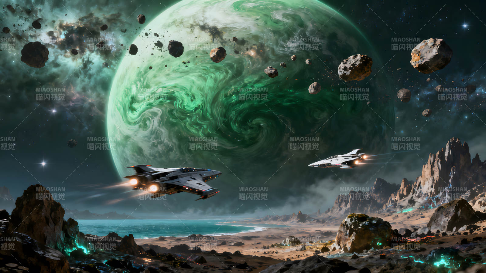 星际飞船穿梭于异星球图片