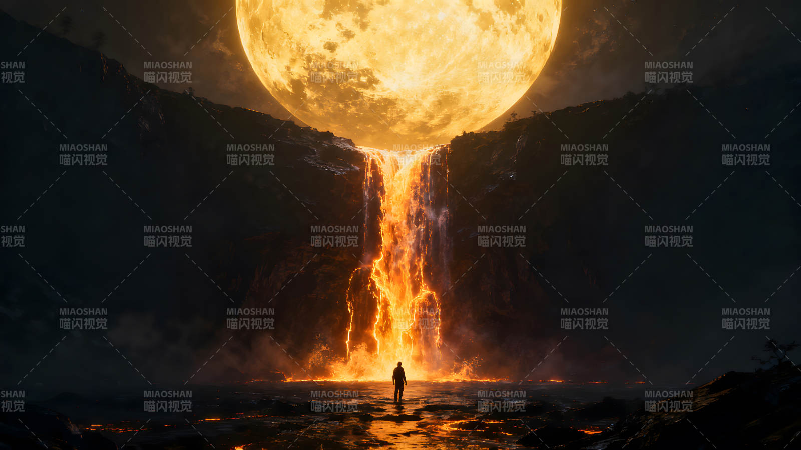 月亮瀑布下的孤独之人图片