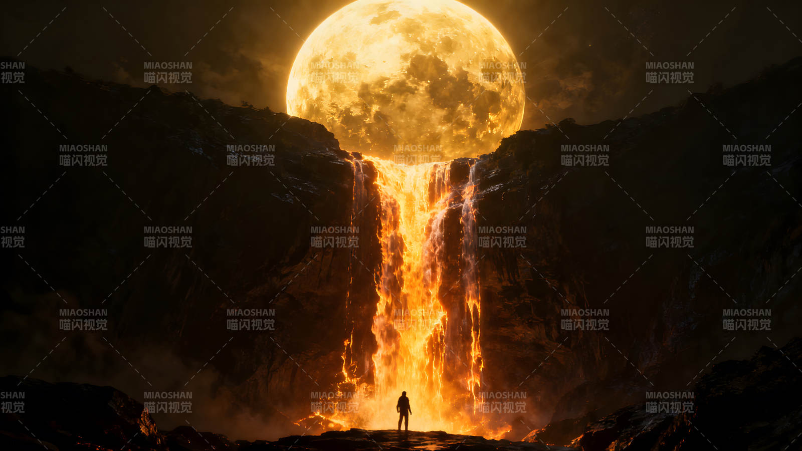 熔岩瀑布奇景月亮下的孤独旅人图片