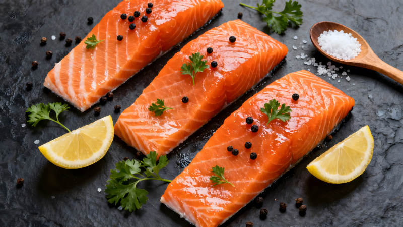 鲜美三文鱼与配料特写图片