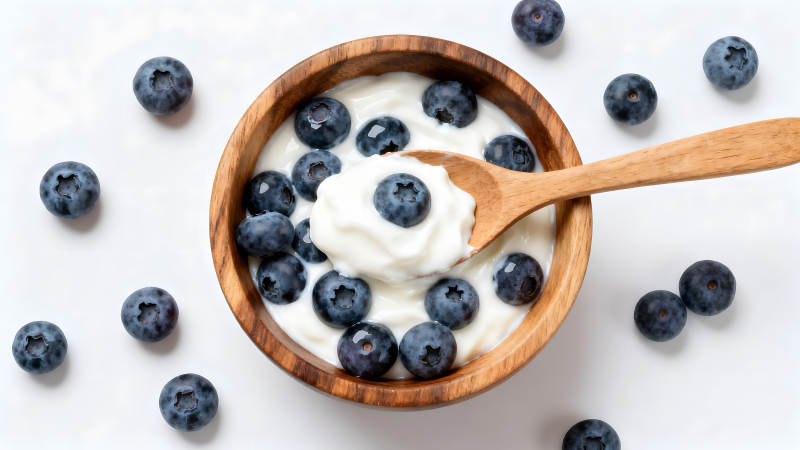 蓝莓酸奶木碗特写清新健康早餐图片