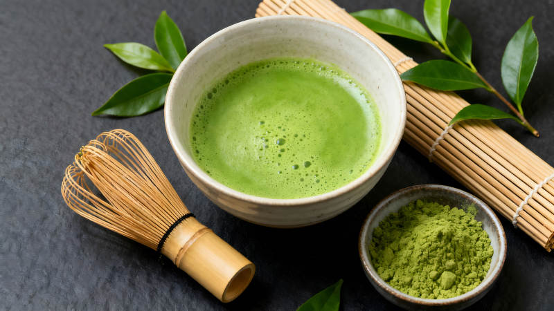 抹茶饮品及制作工具特写图片