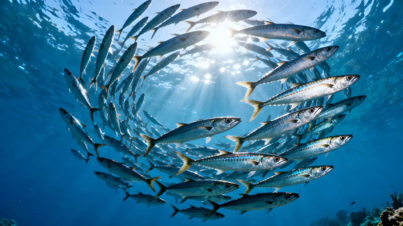 鱼群环绕太阳光线构成美丽的画面图片