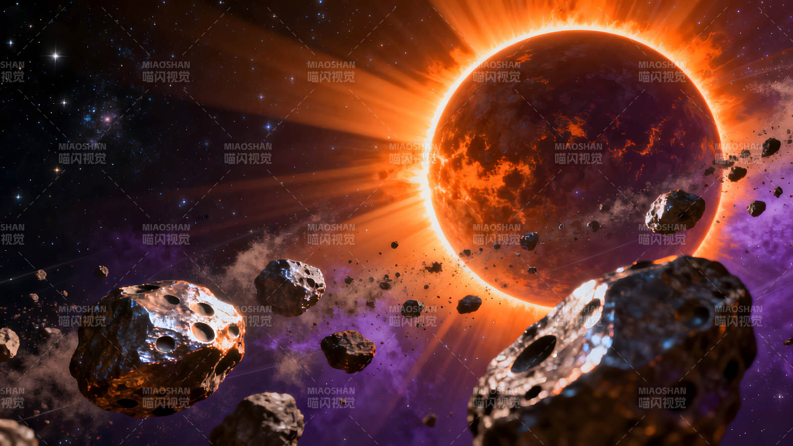 燃烧星球陨石群星空景象图片