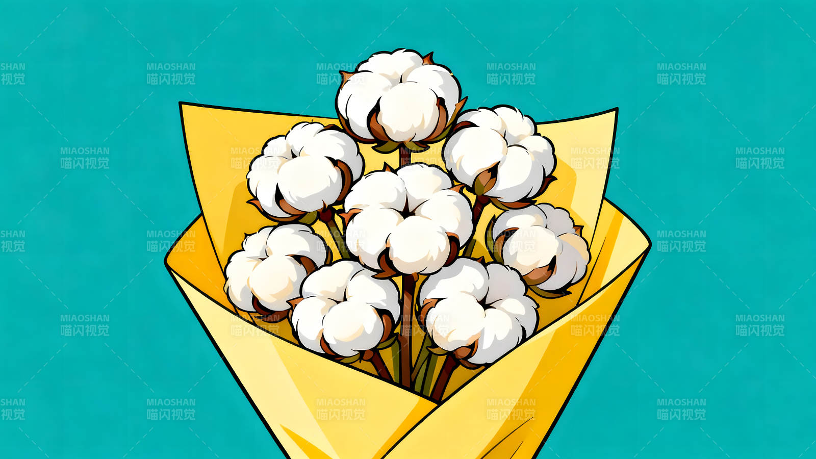 棉花束插画黄纸包装图片