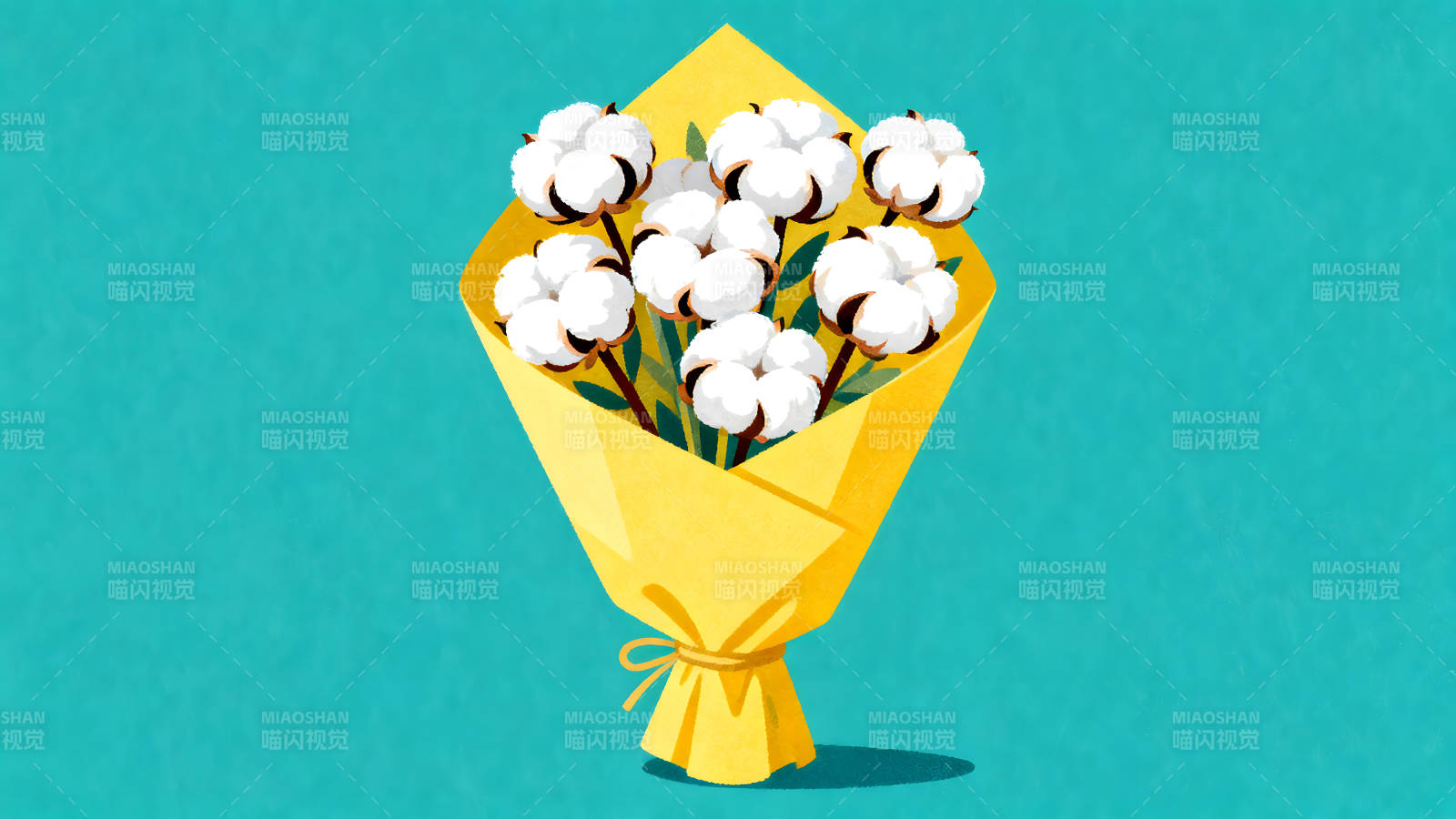 棉花束鲜花在黄纸中包裹图片