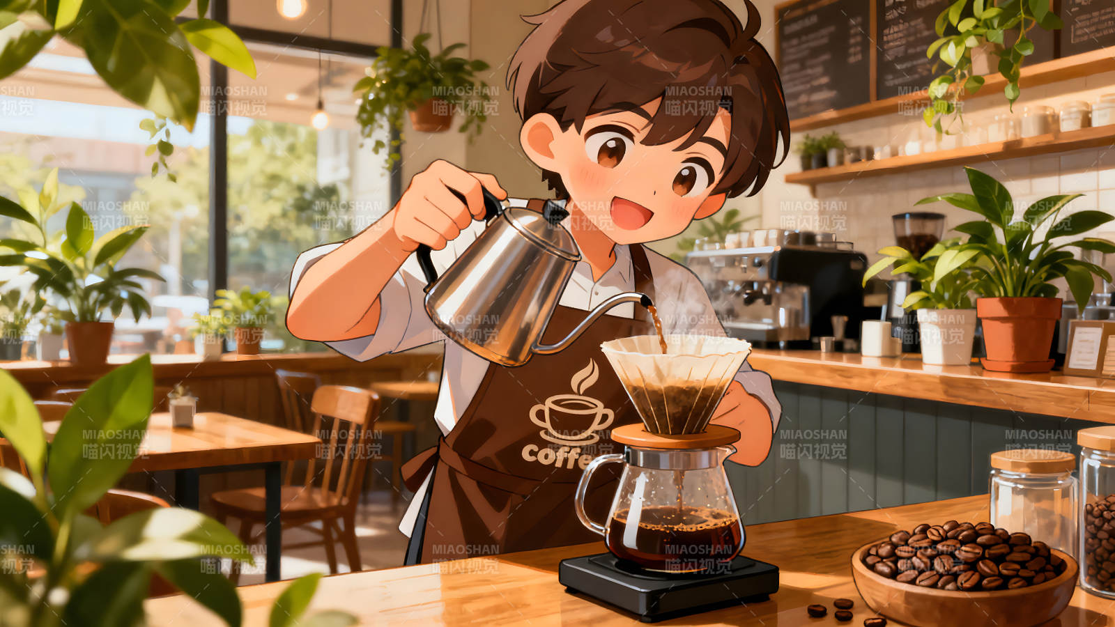 咖啡师冲泡咖啡的温馨场景图片