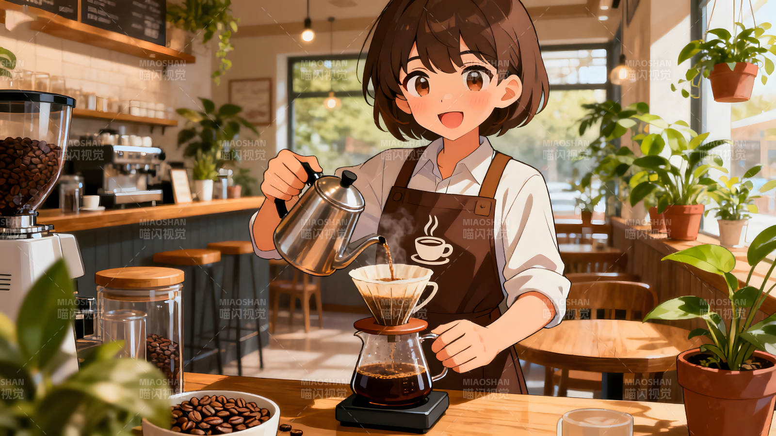 咖啡店女孩冲泡咖啡的场景图片