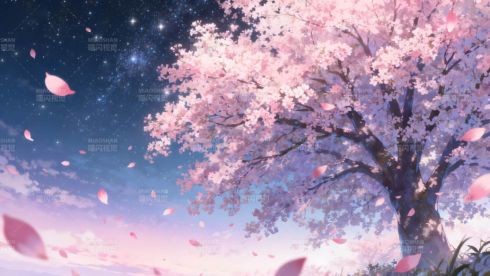 樱花树下的星空唯美景象图片