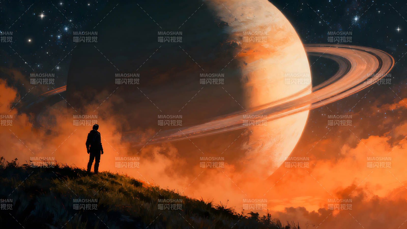 星空下的人眺望巨大的行星图片