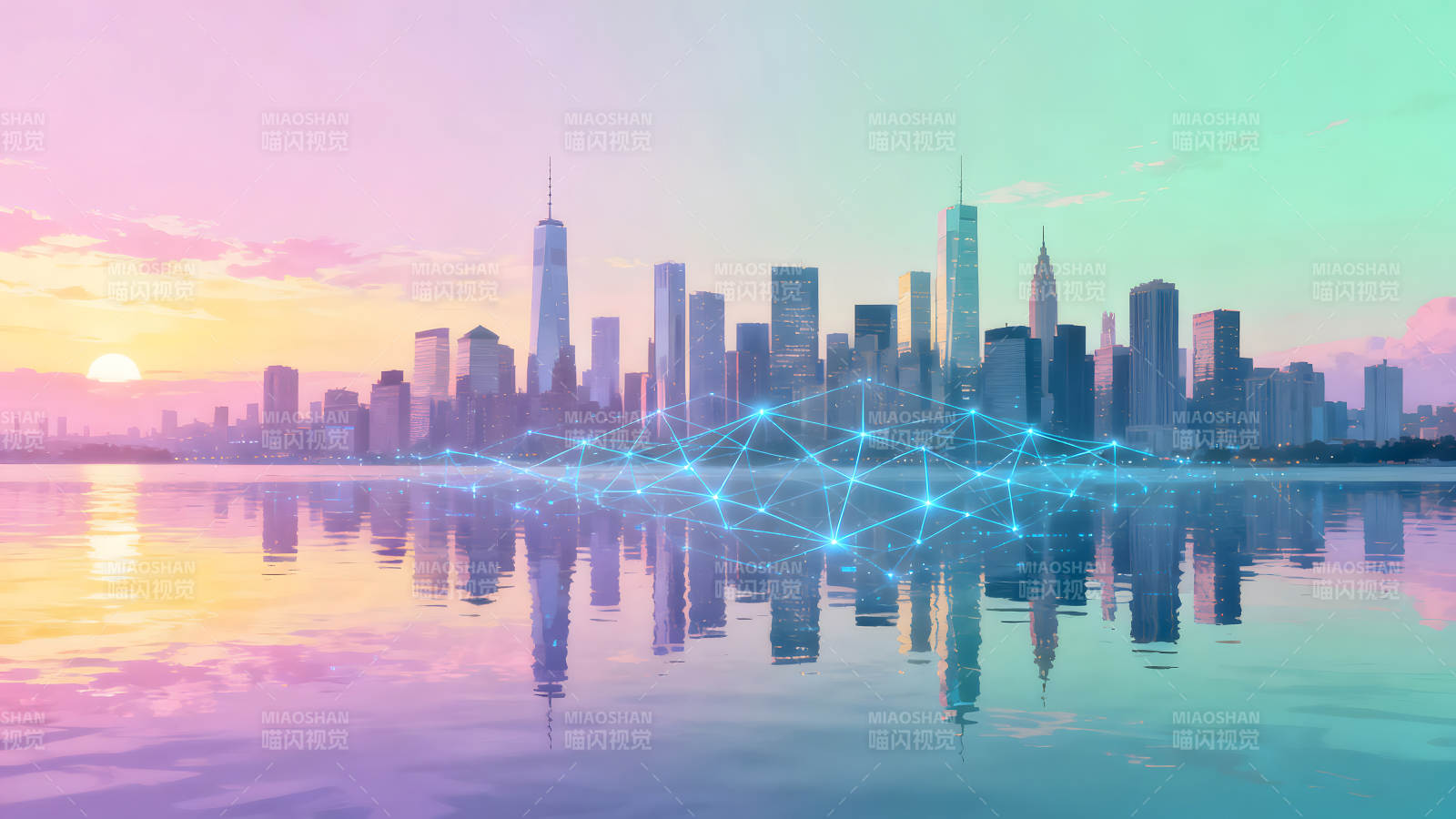 城市天际线倒影与科技网络图片