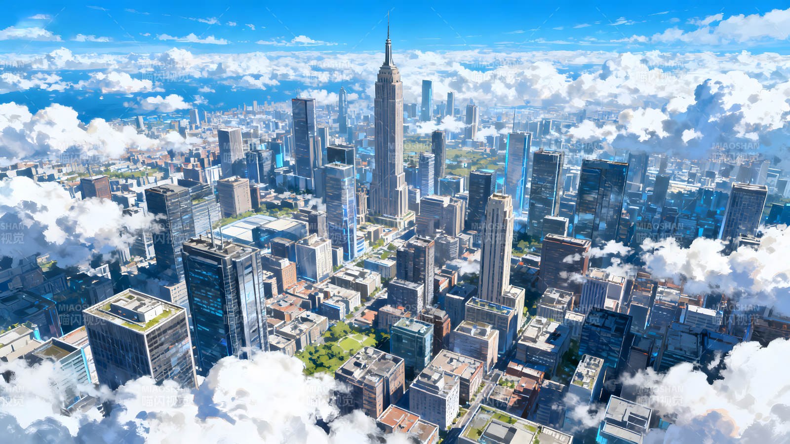 城市云层环绕的动漫风格景象图片