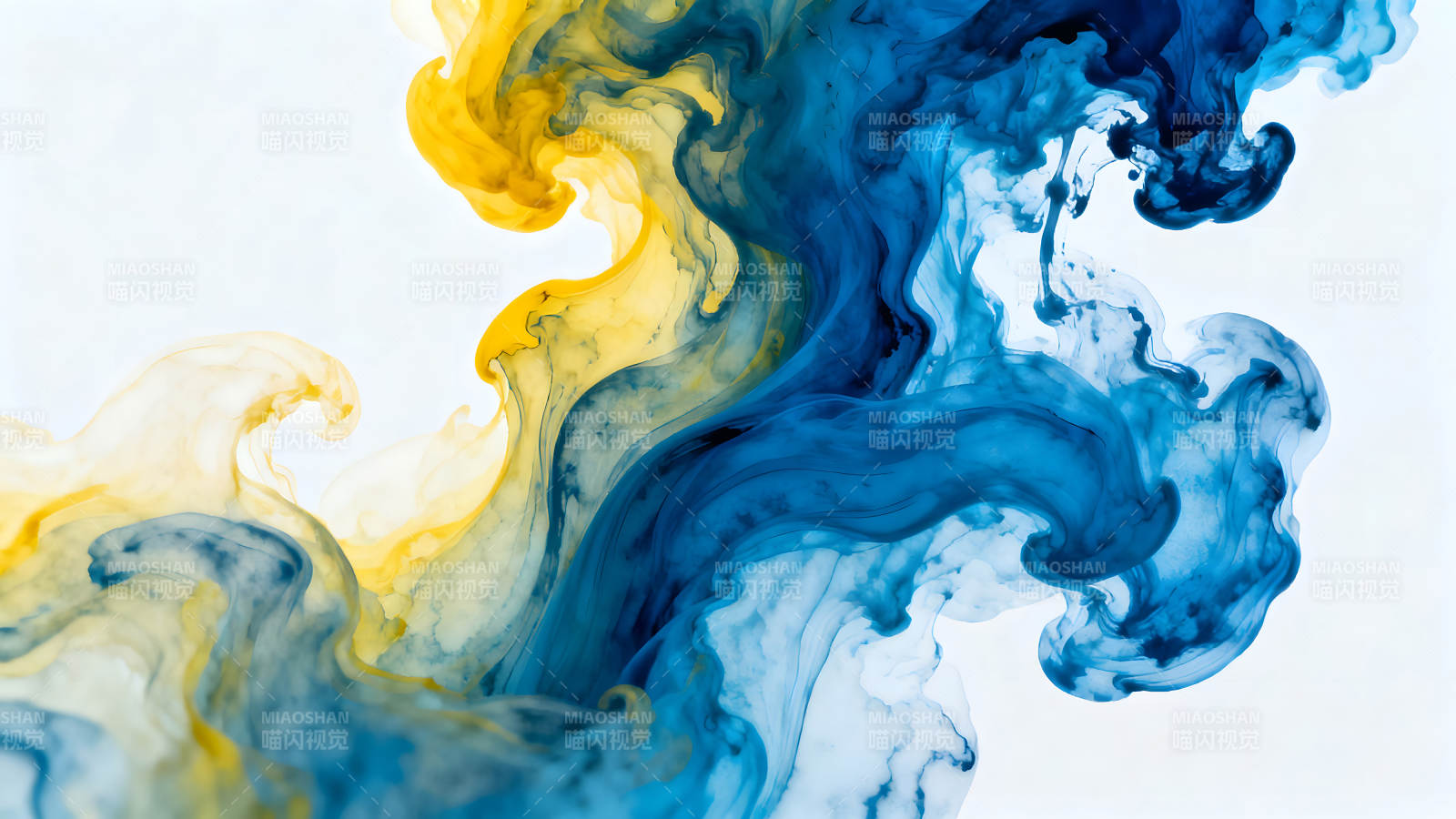 黄色蓝色烟雾在白色背景中流动图片