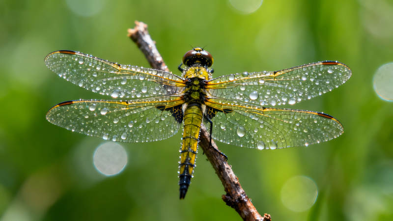 雨滴蜻蜓翅膀特写水珠晶莹剔透图片