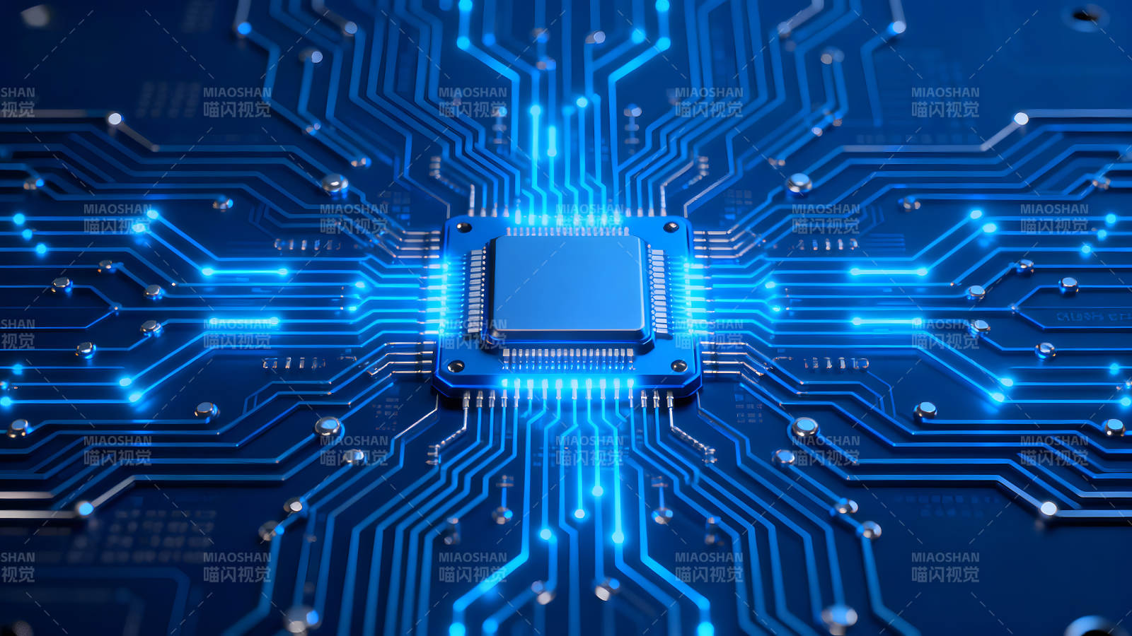 电路板特写蓝色发光图片