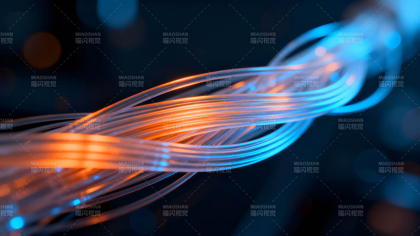 光纤网络艺术呈现蓝橙光束图片