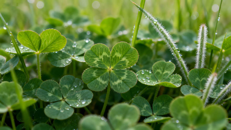 雨水打湿的四叶草生长在草地上图片
