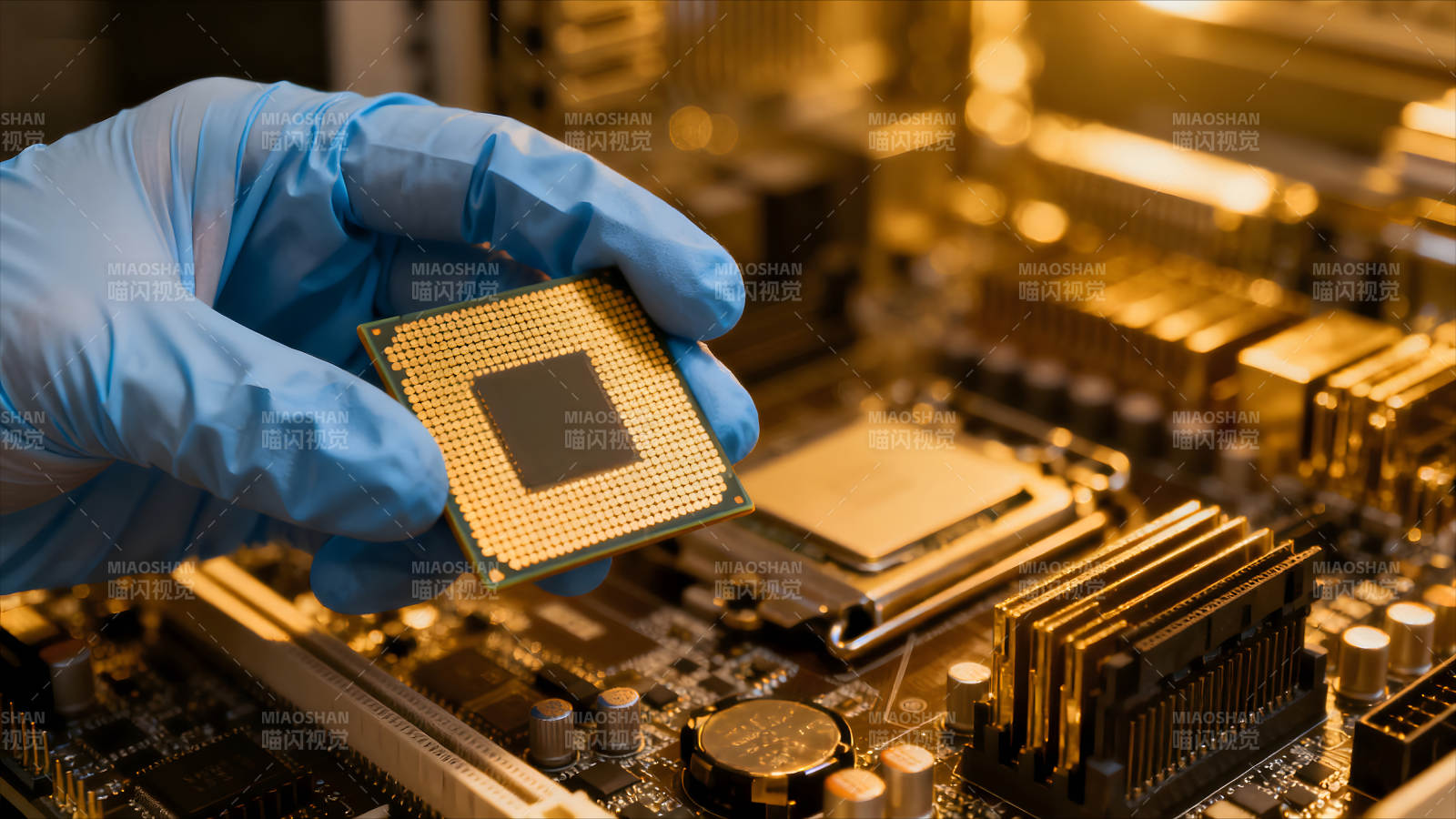 手持CPU芯片和主板特写图片