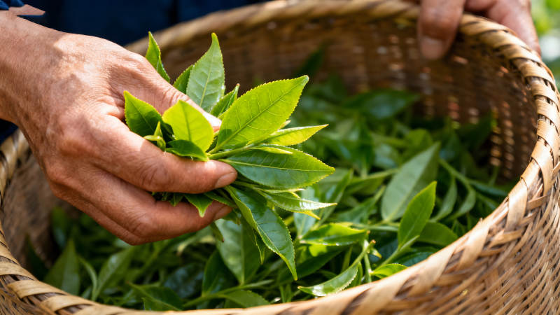 采摘茶叶放入篮子图片