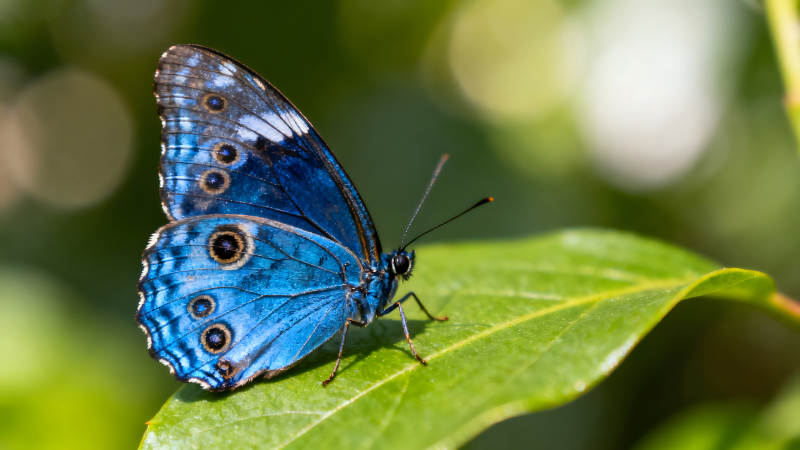 蓝色的蝴蝶停留在绿叶上图片