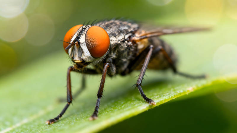 特写苍蝇趴在绿叶上图片