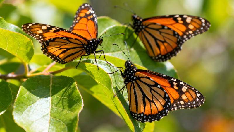 三只橙色蝴蝶在绿叶上栖息图片