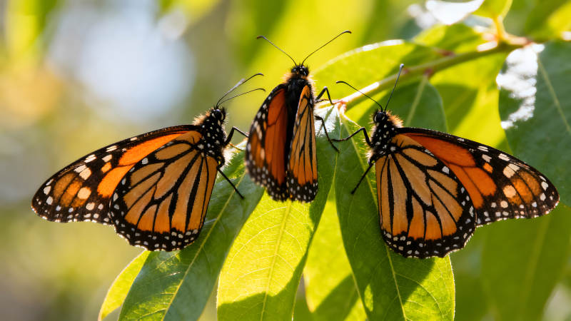 三只帝王蝶栖息在绿叶上图片