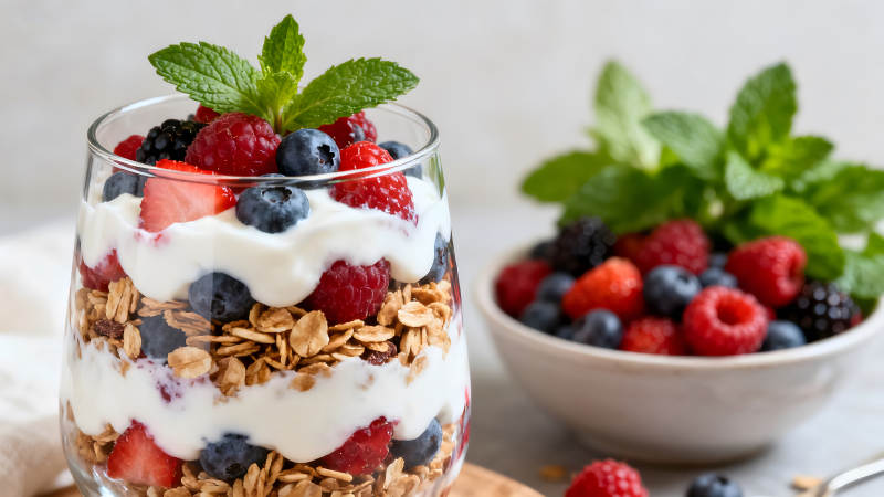 美味的水果酸奶杯配有薄荷叶装饰图片