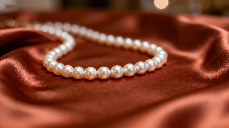 珍珠项链置于绸缎之上光泽细腻图片