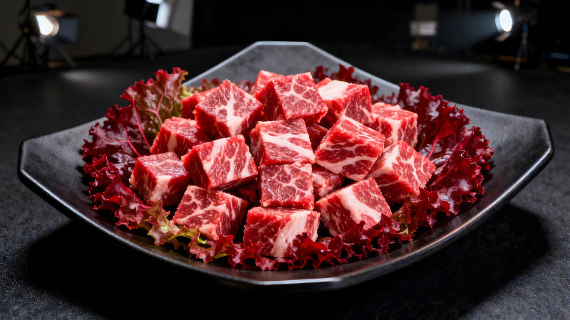 鲜美的牛肉块堆放在盘子里图片