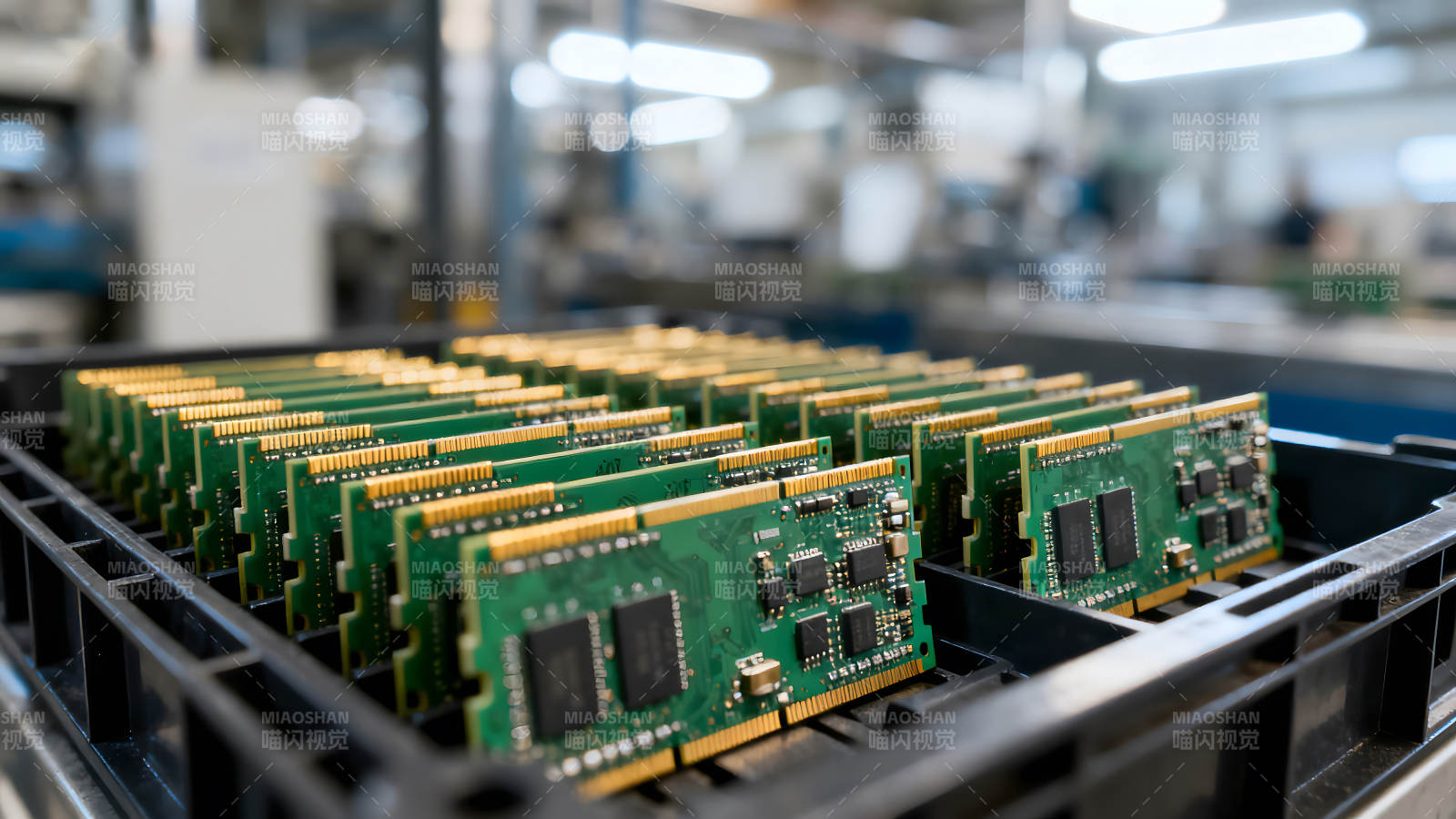 电子元件生产车间大量内存条整齐摆放图片
