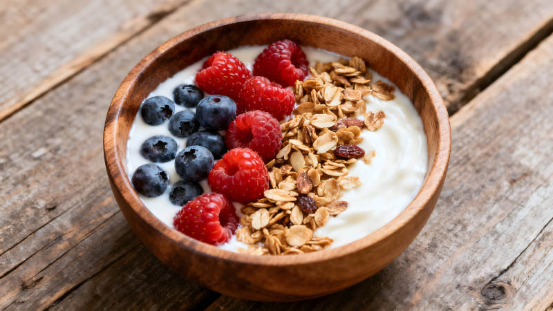 木碗里的酸奶加水果和麦片图片