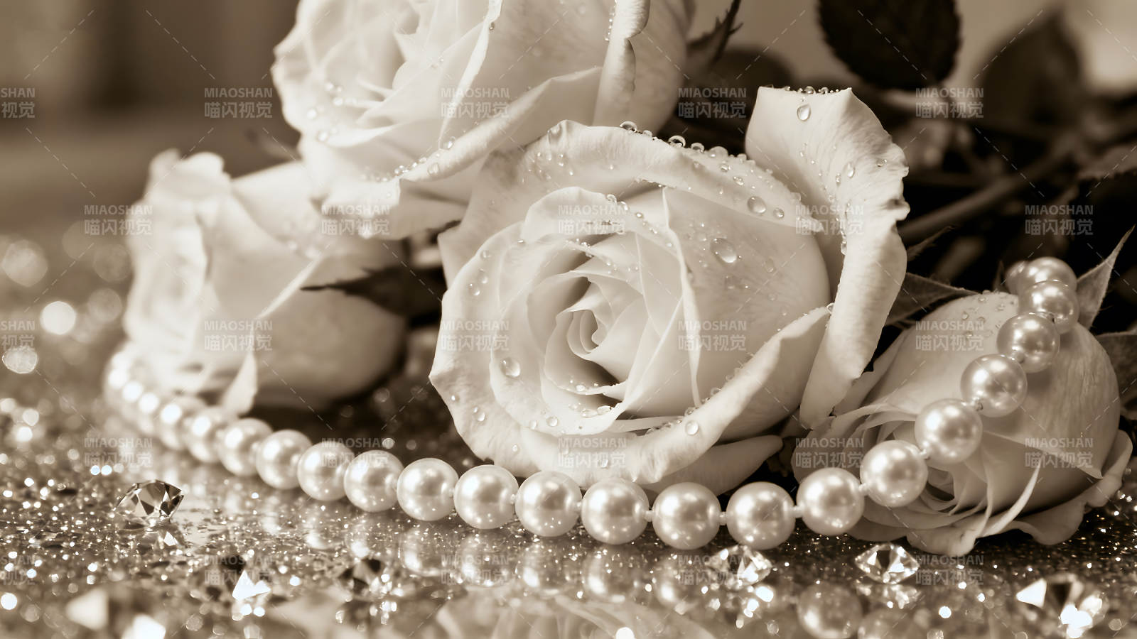 珍珠玫瑰与闪耀钻石的唯美画面图片