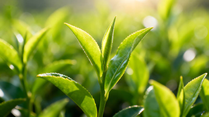 绿叶特写阳光照射下的茶树嫩叶图片