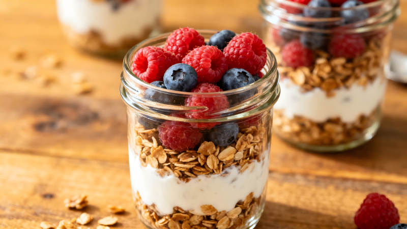 美味的格兰诺拉麦片和浆果图片