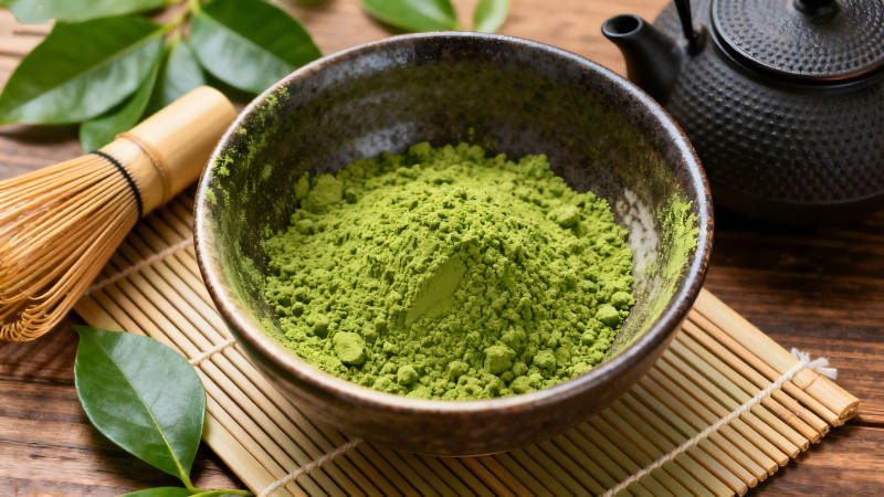 抹茶粉与茶具的静物图片