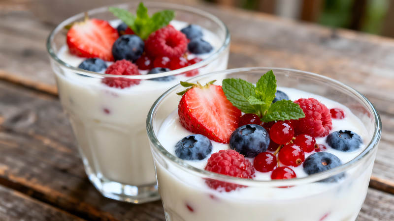 两杯酸奶搭配水果点缀图片