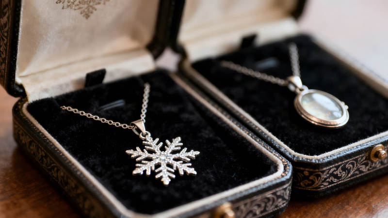 珠宝项链置于黑色绒布盒中展示图片