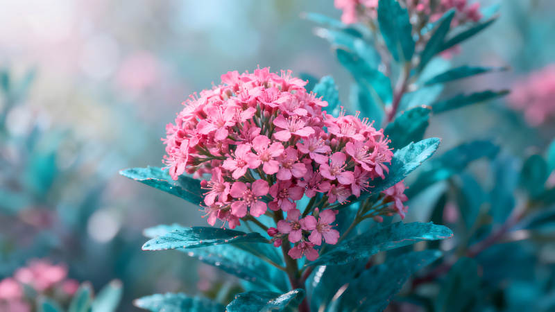 粉色花朵与蓝绿色叶片特写图片