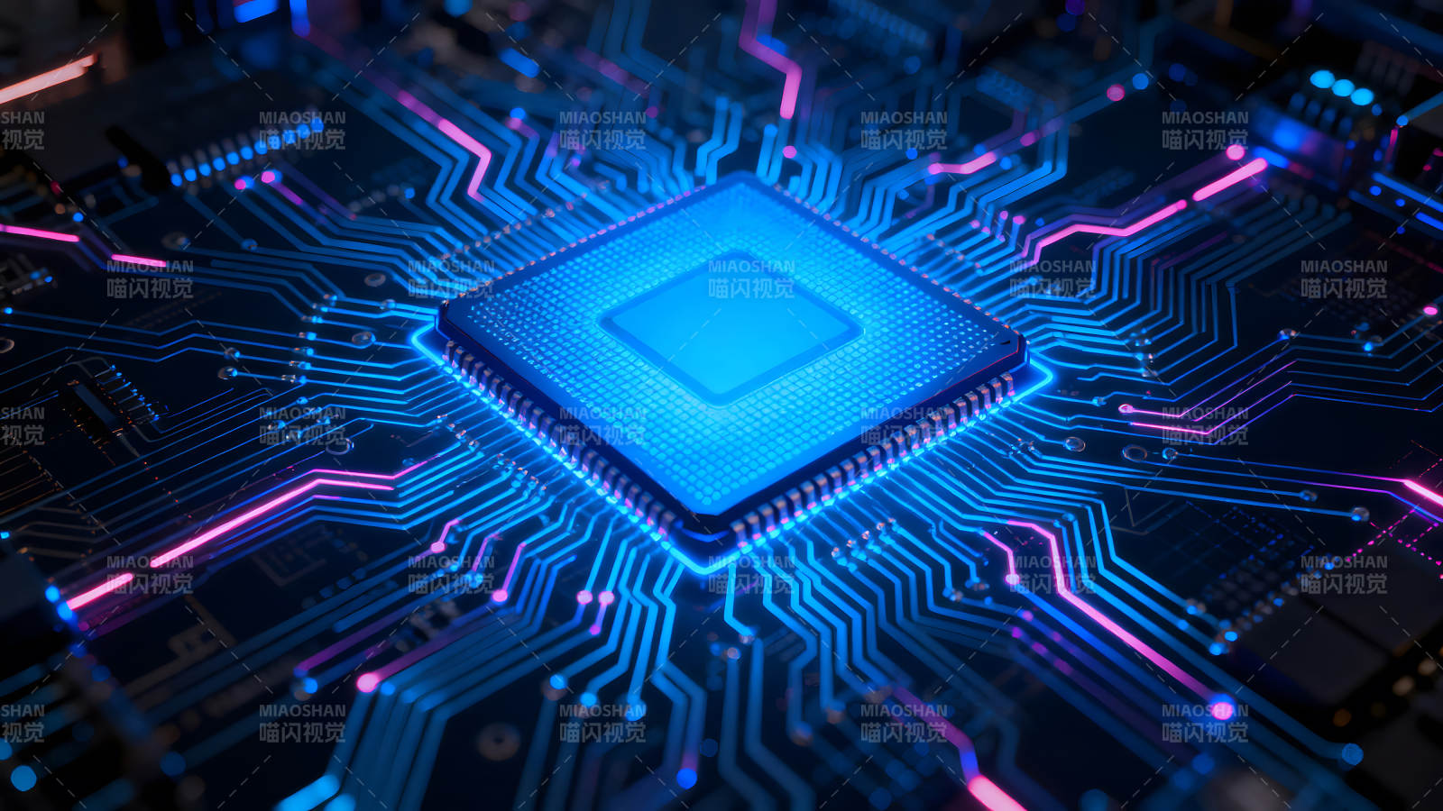 电子芯片特写蓝色电路板发光图片