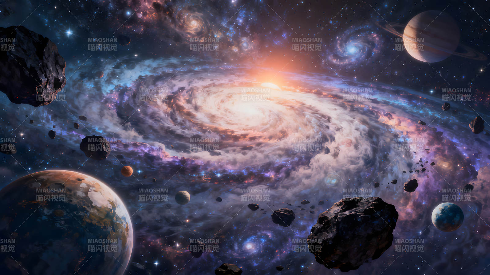 宇宙星河行星陨石环绕图片